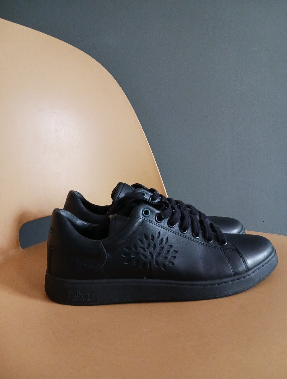 Mulberry Tree Tennis Black Leather Lace-Up Sneakers with Embossed Tree, Size 38